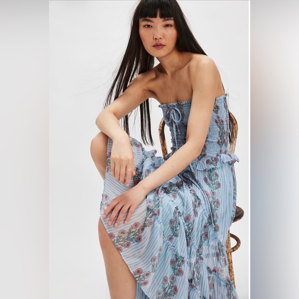 FREE PEOPLE Alejandra Midi Dress Soft Blue Combo Floral Drop waist tiered M - Picture 15 of 16